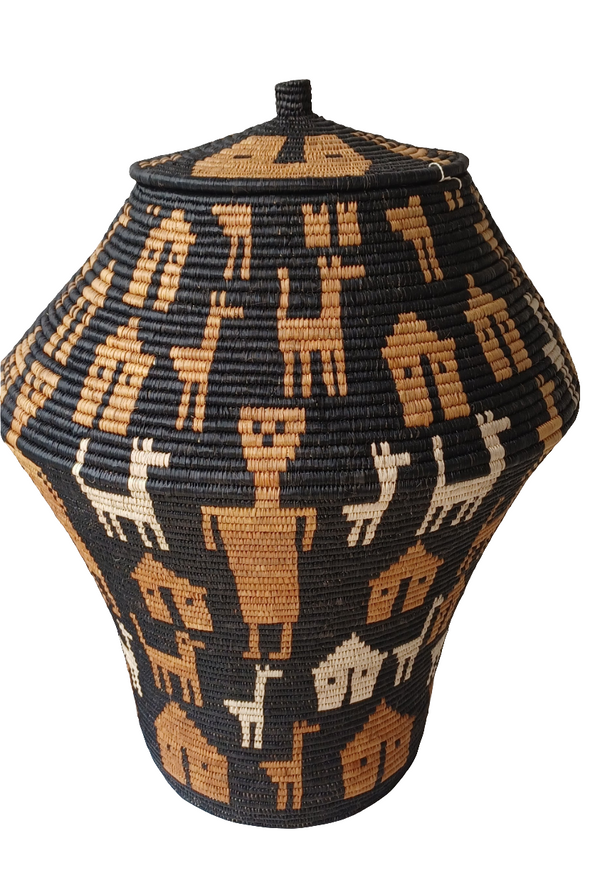 large Zulu ilala palm and ukhasi grass fibre basket.