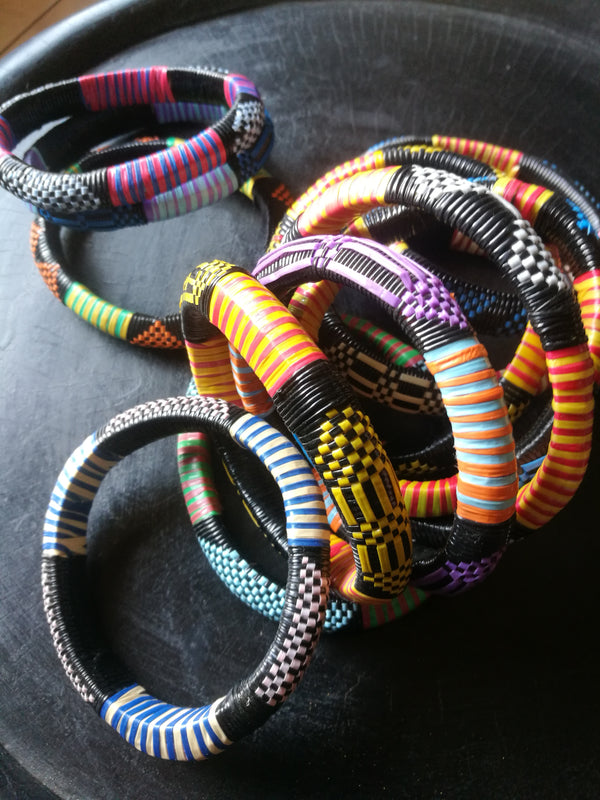 Recycled plastic bracelets.