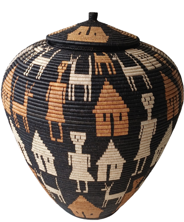 large Zulu ilala palm and ukhasi grass fibre basket.