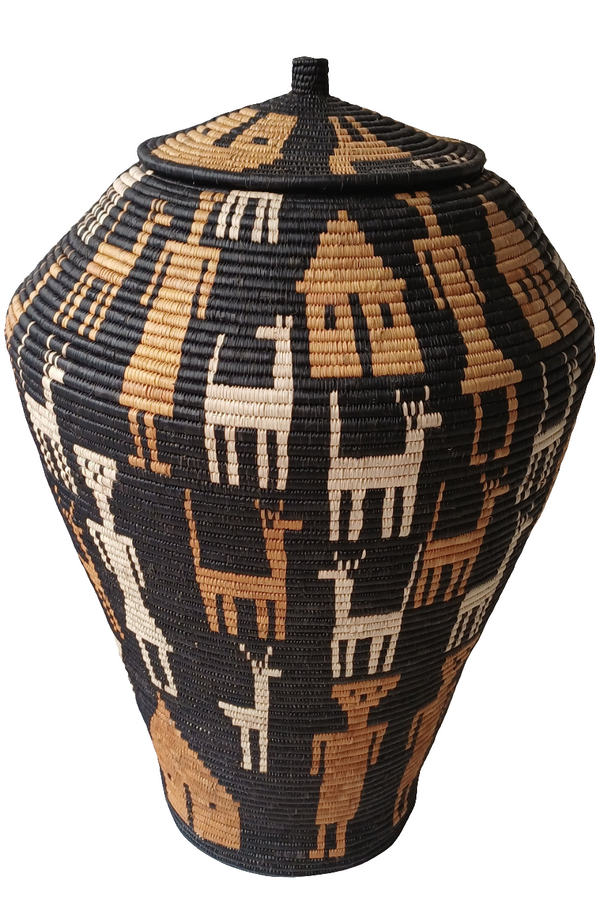 large Zulu ilala palm and ukhasi grass fibre basket.