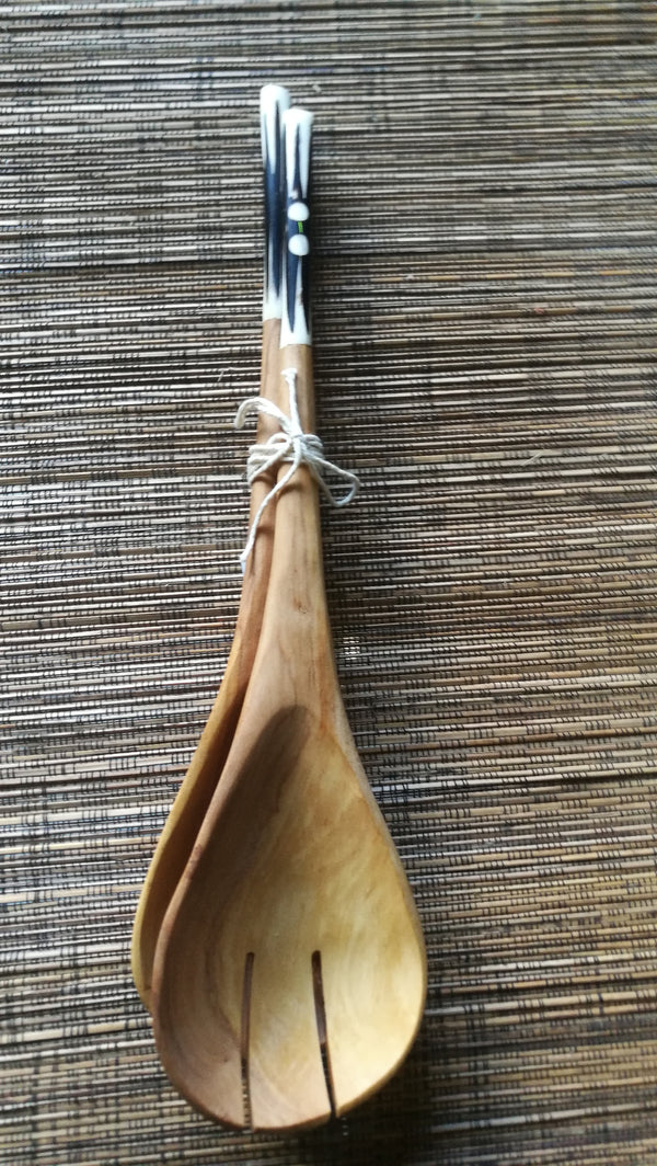 Wooden Salad serving fork and knife pair.